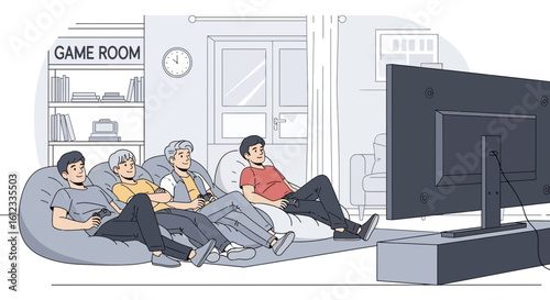 Friends Together Enjoying Relaxing Video Game Time In Living Room