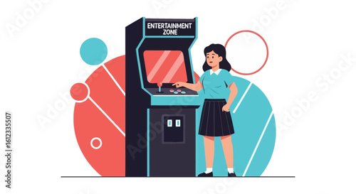 Enthusiastic Woman Plays Retro Arcade Game At Entertainment Zone