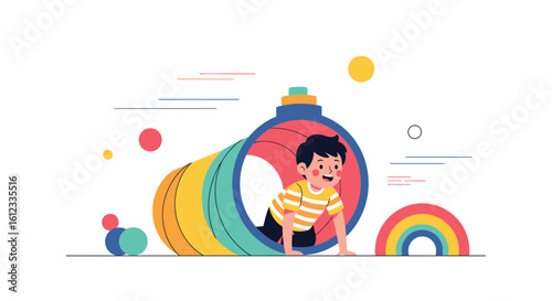 Happy child crawling through a colorful tunnel in an illustration style scene