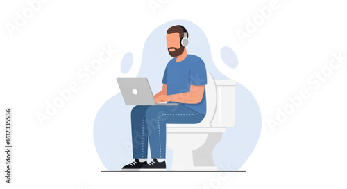 Man working on laptop while sitting on toilet - illustration for articles about work-life balance or remote work struggles.