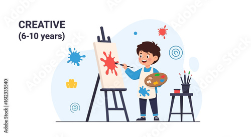 Enthusiastic young artist immersed in painting, creating a vibrant masterpiece on canvas expressing creativity and joy
