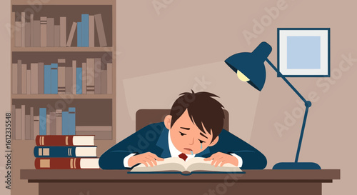 Frustrated Student Studying Hard For Exam While Sitting At Desk With Books