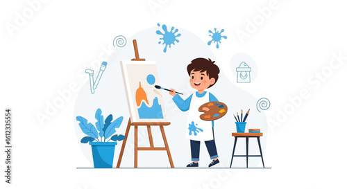 Enthusiastic young boy creating an artistic masterpiece on canvas with joy and creativity