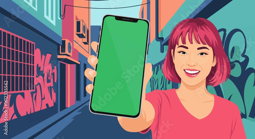 Young woman holding smartphone with green screen in urban setting; ideal for app demos or social media campaigns.