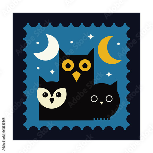 Night Animal Stamp Set with Owl Bat and Raccoon