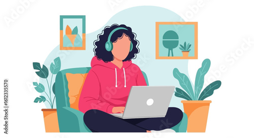 Woman working from home on laptop, wearing headphones. Perfect for blogs, websites, or articles about remote work, work-life balance, or online learning.