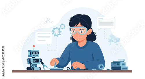 Enthusiastic Young Engineer Assembling a Robot with Scientific Precision and Creativity