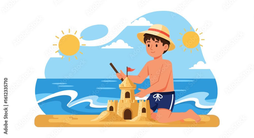 Naklejka premium Happy Childhood Boy Enjoying Building Sandcastle On Tropical Beach Vacation