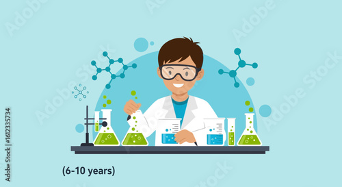 Enthusiastic Young Scientist Conducts a Chemistry Experiment in the Laboratory