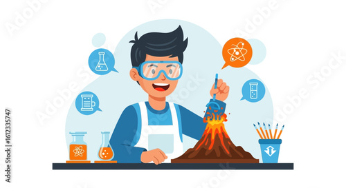 Enthusiastic young scientist demonstrating an erupting volcano model in lab setting