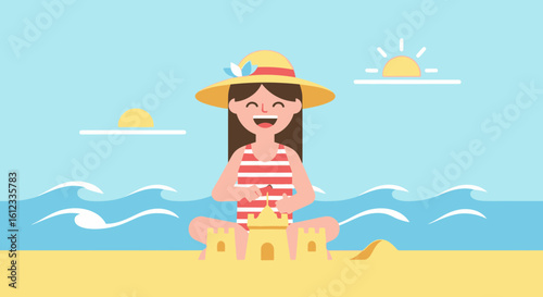 Girl building sandcastle on the beach during summer vacation holidays illustration