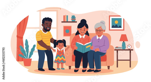 Happy multigenerational family reading together at home - perfect for family, togetherness, and generational themes.