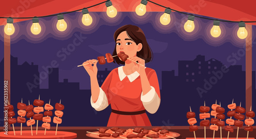 Evening Snack At The Fair With Savory Meat Skewers Under Festive Lights