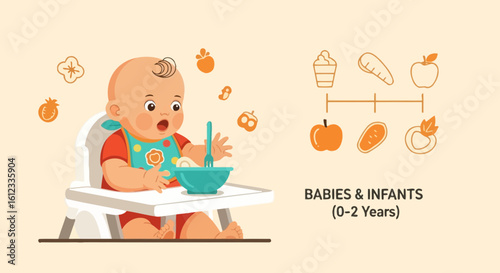 Excited Baby Eating First Solid Foods in High Chair Healthy Introduction