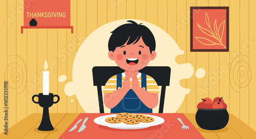 Excited Boy About To Eat Delicious Thanksgiving Cookies Dinner Celebration