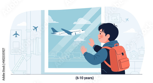 Excited Boy At Airport Terminal Looking Out The Window Watching Airplane