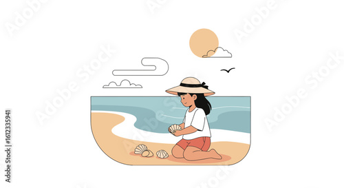 Girl Collects Shells On the Beach Enjoying Summer Vacation Holiday
