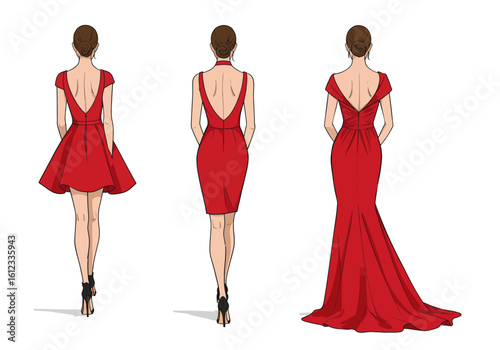 Elegant women showcase stunning red dresses from behind, featuring diverse styles from short flared to floor-length gowns, perfect for fashion inspiration and retail.