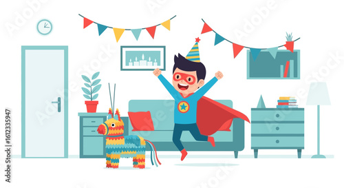 Excited Boy Celebrating Birthday Party With Pinata And Superhero Costume