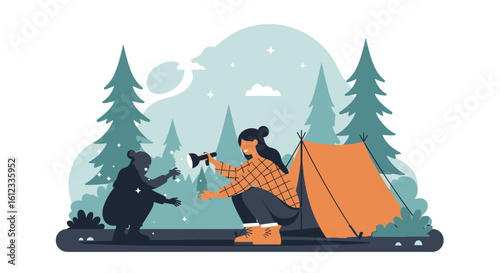 Happy Family Camping Trip In Forest Mother With Child And Orange Tent