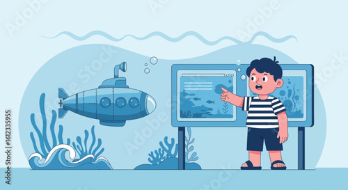Excited Boy Exploring Submarine Exhibit At The Aquarium Educational Trip