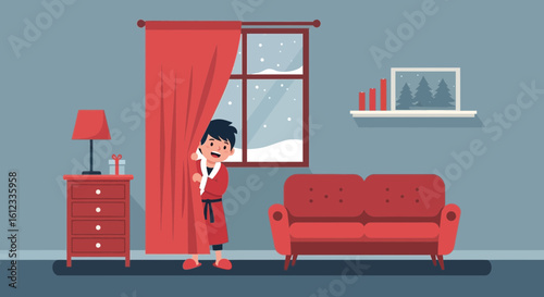 Excited Boy Hiding Behind Curtain Waiting For Christmas Morning Surprise