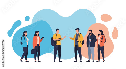 Diverse group of young adults interacting, perfect for websites, presentations, or brochures on teamwork and collaboration.