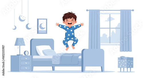 Excited Boy Jumping On Bed In Star Pajamas During Bedtime Routine