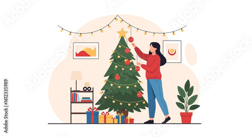 Girl Decorating A Christmas Tree At Home For Holiday Season Celebration