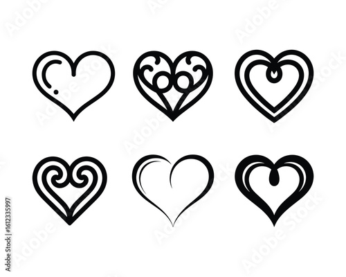 Set heart shape icons vector symbol of love and romance hearts.Heart Shapes Line Art, Love Shapes Icon Outline Art.Love symbol icon set. Black line symetric hearts. 