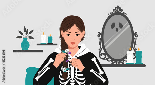 Girl Dressed Up In A Skeleton Costume With Mirror Reflection Of Ghost