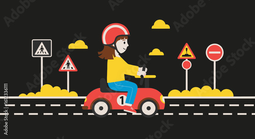 Girl driving toy car learning road signs for driver education illustration