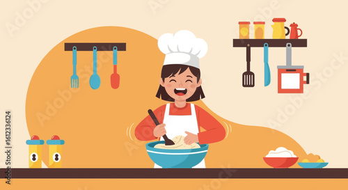 Happy Girl Baking Cake In Kitchen Creates Homemade Food Recipe