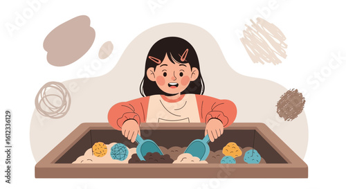 Girl Engaged In Playful Activity In The Sandpit Having A Fun Experience