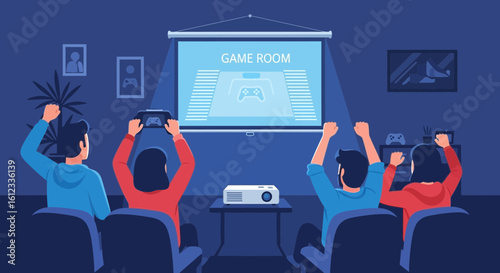Excited friends enjoying video games on a projector screen in a game room