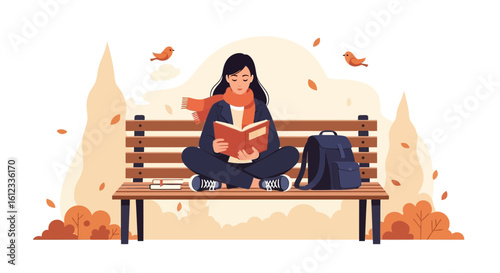 Girl Enjoying An Autumn Day Reading A Book On A Park Bench Surrounded By Birds