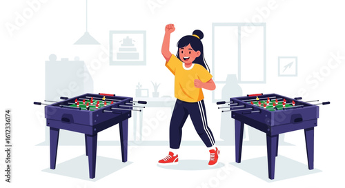 Excited girl celebrating winning at table football game in a bright and fun interior, modern design elements