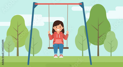 Happy Girl Enjoying Leisure Time On A Swing In A Green Landscape