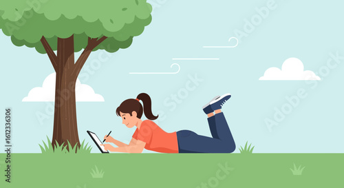 Girl Enjoying Digital Art In Nature Beneath a Shady Tree on a Sunny Day
