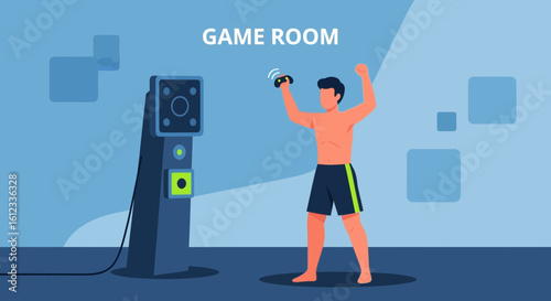 Excited Player Enjoying Virtual Reality Game At Futuristic Indoor Setup