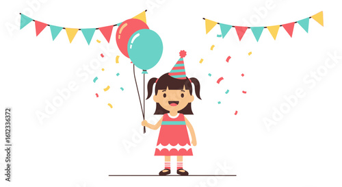 Happy Girl With Balloons Celebrating Birthday Amidst Decorations And Confetti