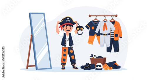 Excited Young Boy Dressing Up In Pirate Costume For Halloween