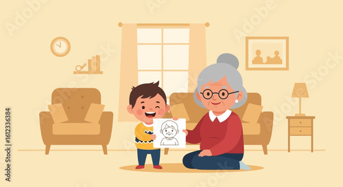 Happy Grandson Shows His Drawing To His Smiling Grandmother At Home