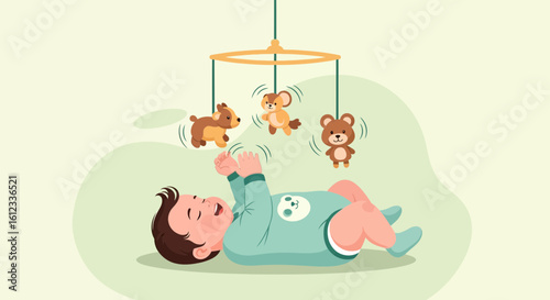 Happy Infant Giggles At Spinning Mobile Toys Displaying Joy And Happiness
