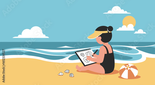 Girl Enjoying Summer Vacation Drawing Seashells On The Beach With Sandy Scenery