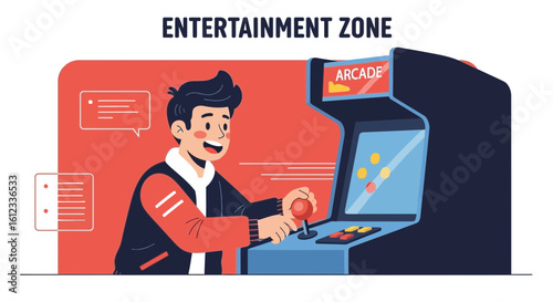 Excited young man playing classic arcade game in a vibrant entertainment zone
