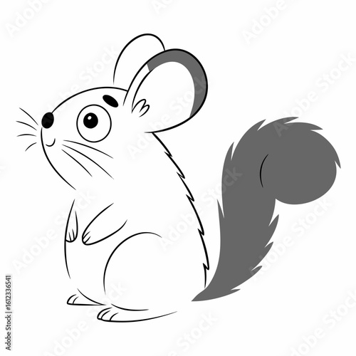 Cute cartoon chinchilla standing with fluffy tail beside it  