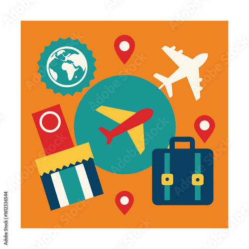 Travel Icon Postage Stamps with Plane and Suitcase