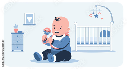 Happy Infant Playing With a Rattle Beside A Baby Crib Nursery Scene