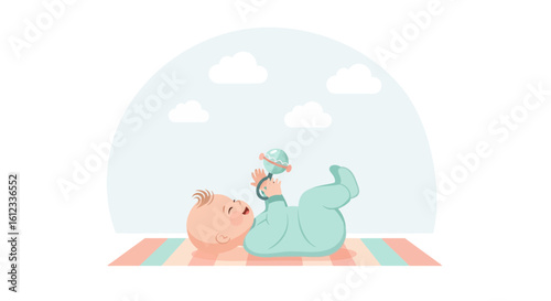 Happy Infant Playing With Rattle On Playmat Under The Cloudy Sky